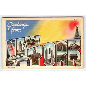 Greetings From New York Large Big Letter Linen Postcard NY Curt Teich Liberty